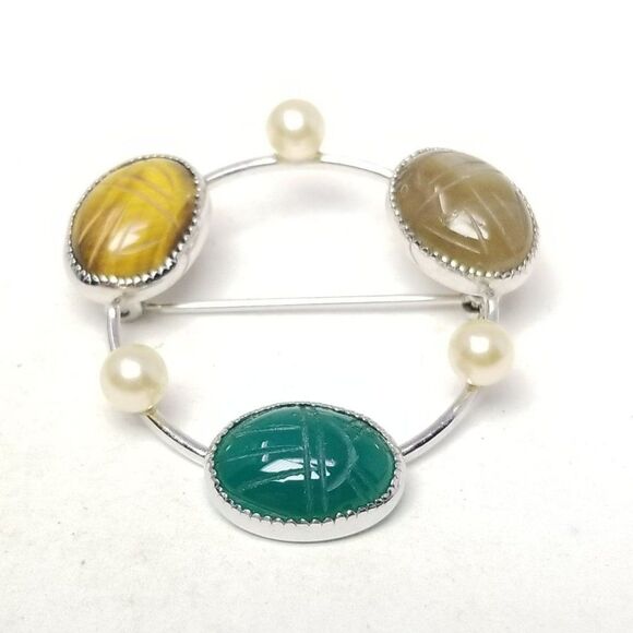 Vintage Sterling Silver Scarab Carved Stone Agate Circle Brooch, Estate - Picture 8 of 8